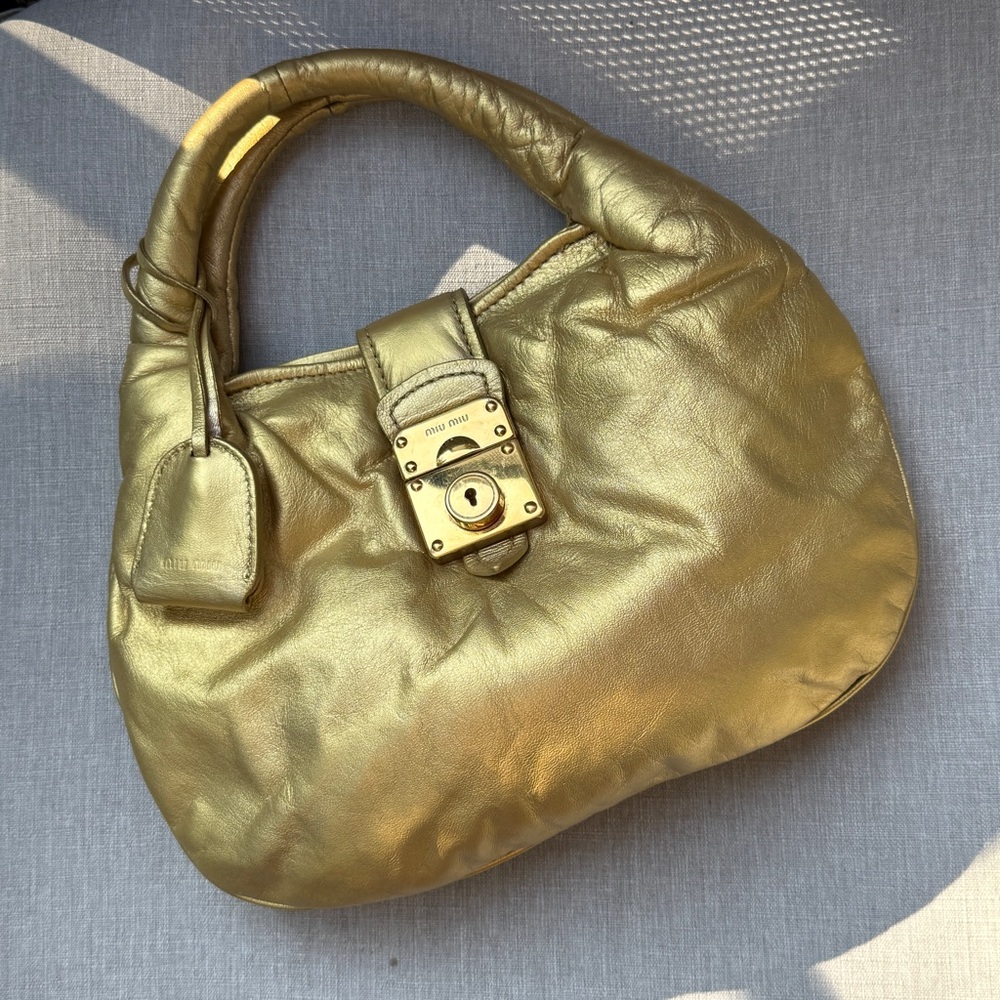 Auth MUI MUI Elegant Gold Y2K mini hobo leather Women's Handbag RARE vintage - Picture 7 of 14